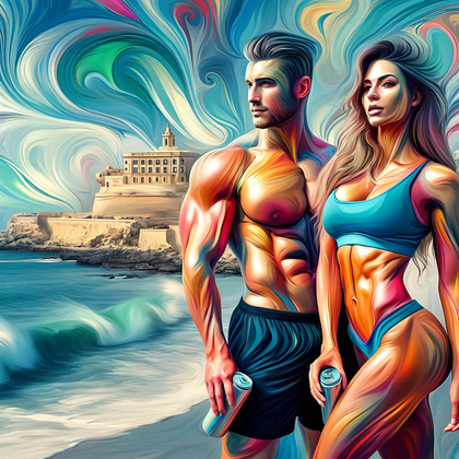 Abstract digital painting of a fit couple on a Maltese beach, each holding an on-the-go energy and protein drink, depicted in vibrant, flowing colors to emphasize vitality and health.