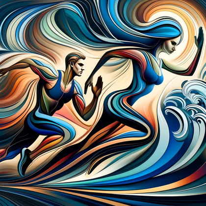 Abstract digital painting of a Maltese male runner and a female swimmer, showcasing the impact of endurance supplements against a stylized backdrop of Malta's coast.