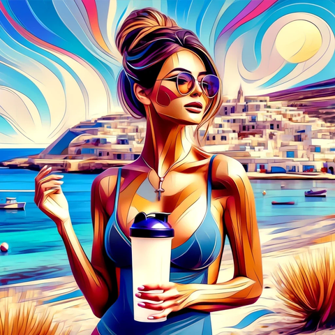 Abstract image of a woman with a protein shaker on a vibrant Maltese beach.