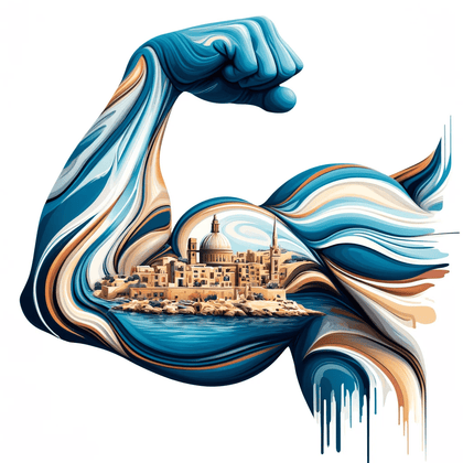 Stylized bicep merged with Maltese coastal architecture, symbolizing the fusion of bodybuilding strength and Malta's cultural beauty.