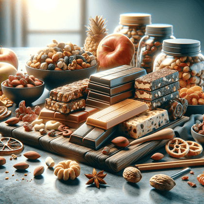 Digital illustration of assorted protein snacks, including protein bars, plant-based options, and vegan bars, displayed enticingly to emphasize their tastiness and nutritional benefits.