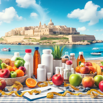 Weight loss products with fresh fruits on a table against a scenic Maltese coastal backdrop.