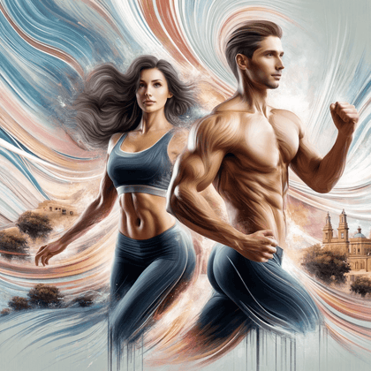 Artistic image of a fit Maltese couple, energized by pre-workout supplements, set in an abstract Malta.