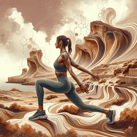Abstract digital painting of an athlete stretching in Malta's rugged, arid landscape, symbolizing post-workout recovery.