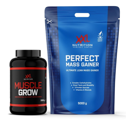 XXL Nutrition Malta's Perfect Mass Gainer and Muscle Grow, premium supplements combined for optimal muscle growth and recovery.
