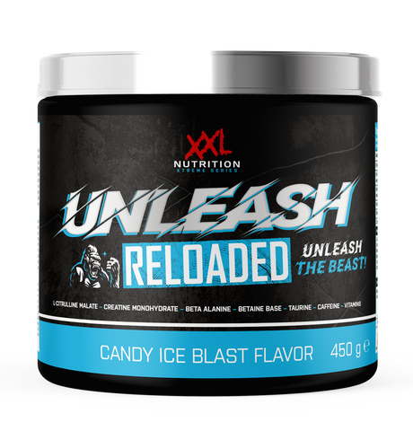 Candy Ice Blast Unleash Reloaded pre-workout supplement, delivering an invigorating icy flavor for enhanced energy.