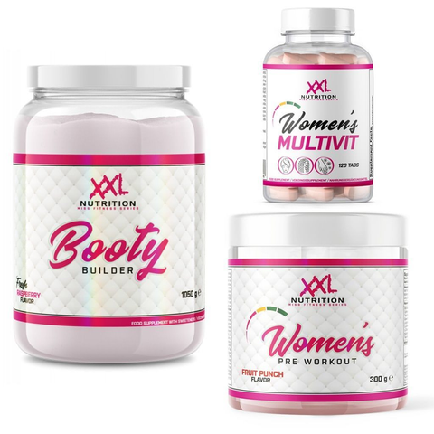 XXL Nutrition Malta's Women's Fitness Series, featuring Booty Builder, Women's Pre Workout, and Women's Multivit, designed to support women's health and fitness goals comprehensively.