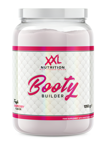 XXL Nutrition’s Booty Builder in Fresh Raspberry flavor, the perfect all-in-one fitness supplement for active women focusing on lower body strength.