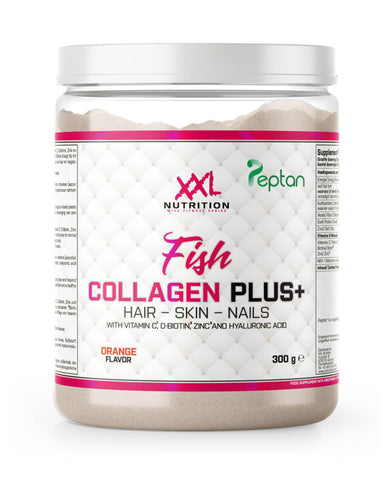 XXL Nutrition Fish Collagen Plus+ container, displaying hydrolyzed collagen powder enriched with vitamins and minerals.
