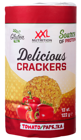 Delicious Crackers - Puffed corn goodness with protein and tomato-paprika spice blend.