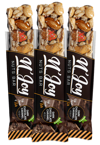 N’Joy Nuts Bar: A luscious blend of almonds, cashews, hazelnuts, and pecans coated in rich, plant-based dark chocolate and caramel—a vegan delight!