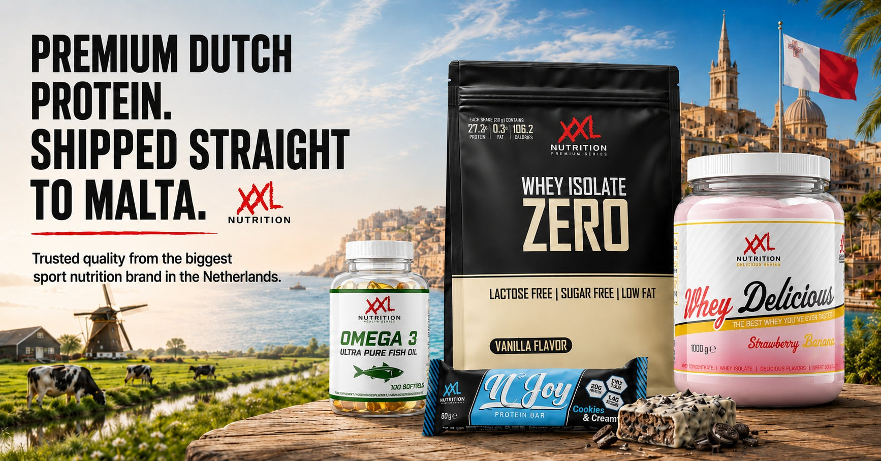 XXL Nutrition Malta banner with Whey Isolate Zero Vanilla, Whey Delicious Strawberry Banana 1000 g, Omega 3 Ultra Pure Fish Oil 100 softgels and N’Joy Protein Bar Cookies & Cream.